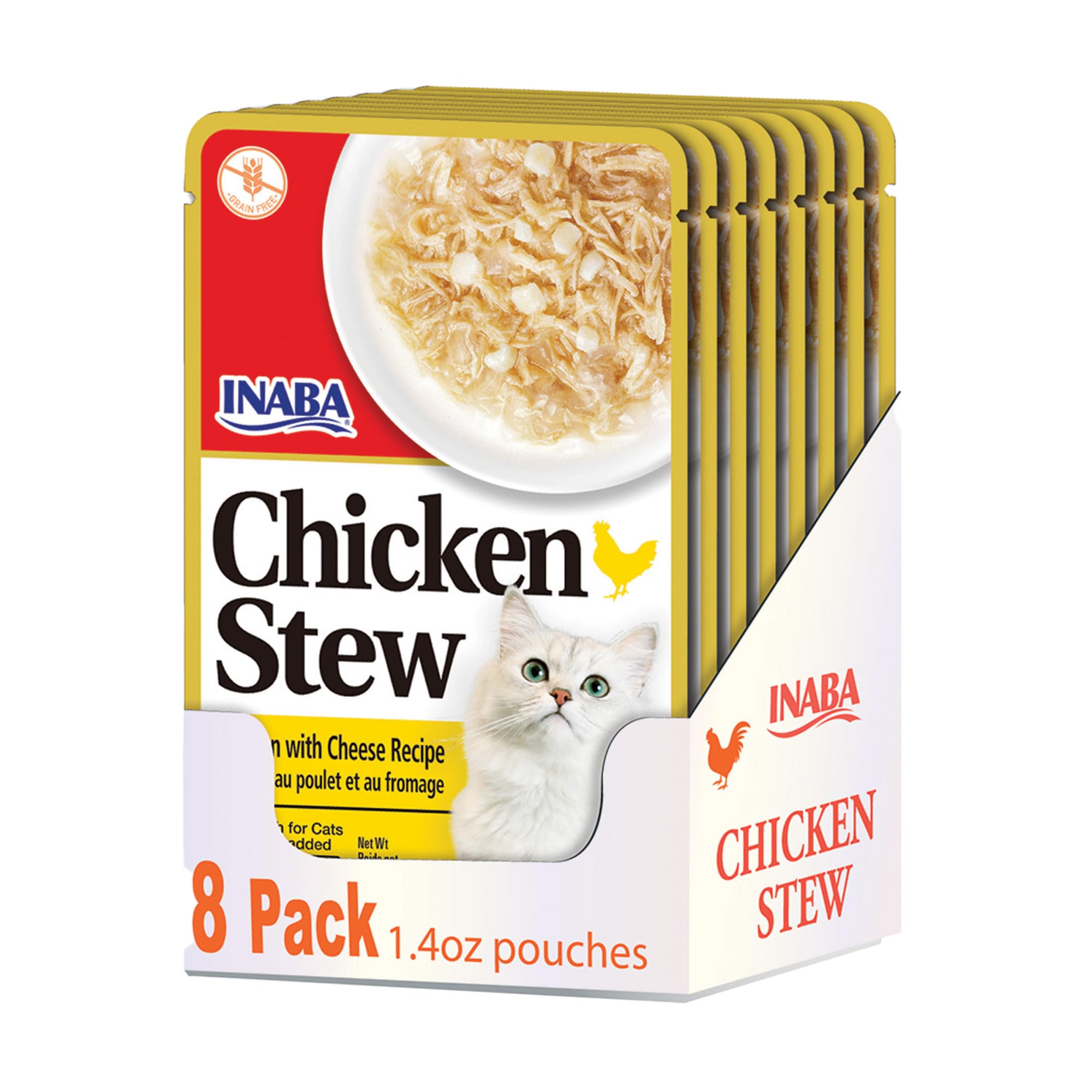 INABA estofado de pollo con queso en lata, textura jugosa, ideal para la cena de tu gato.