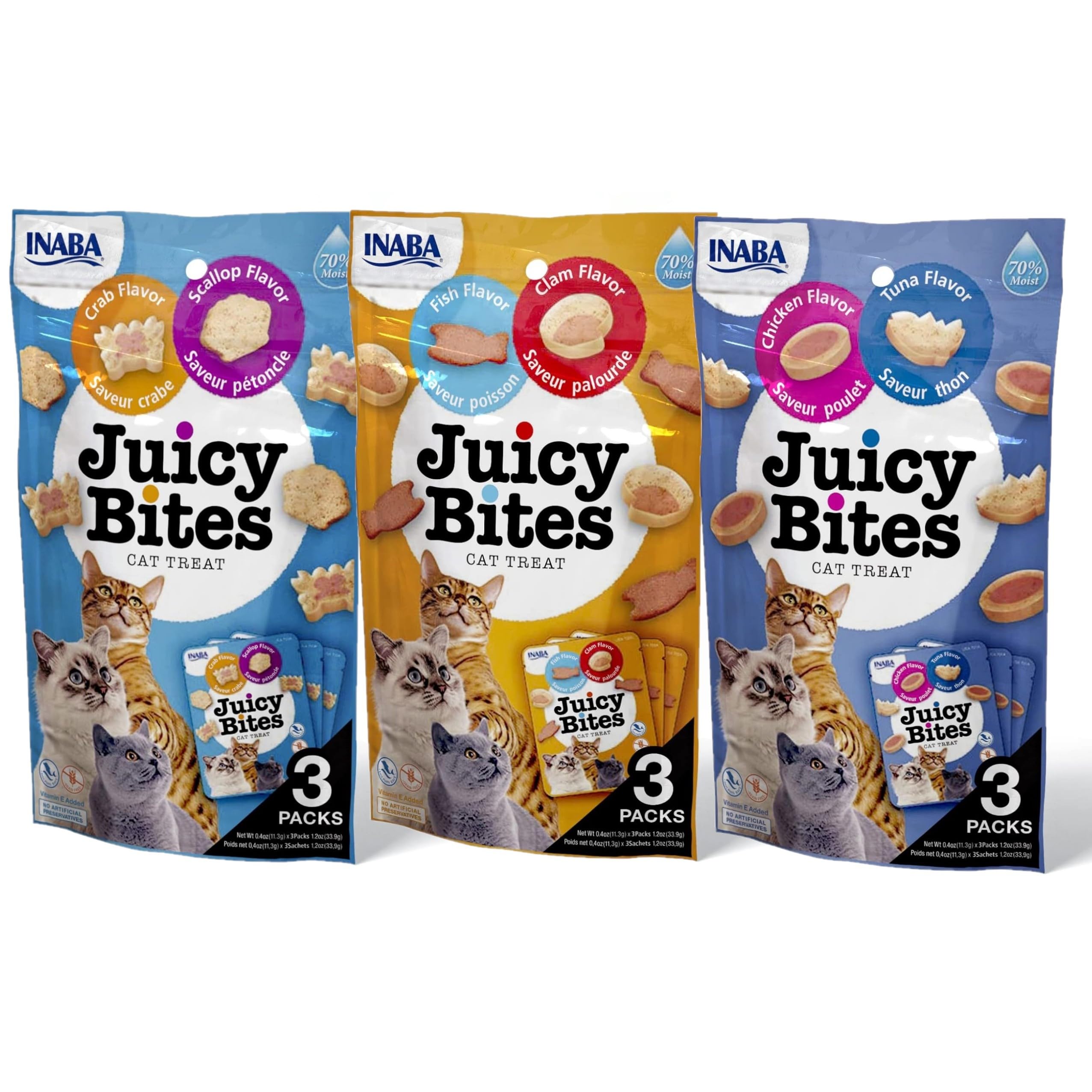INABA Juicy Bites: paquete principal sin granos con textura jugosa para gatos.