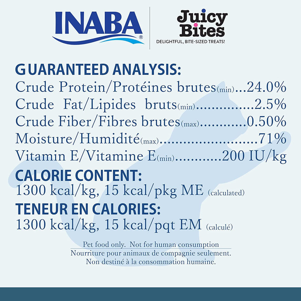 INABA Juicy Bites: sin granos ni conservantes, con vitamina E y té verde.