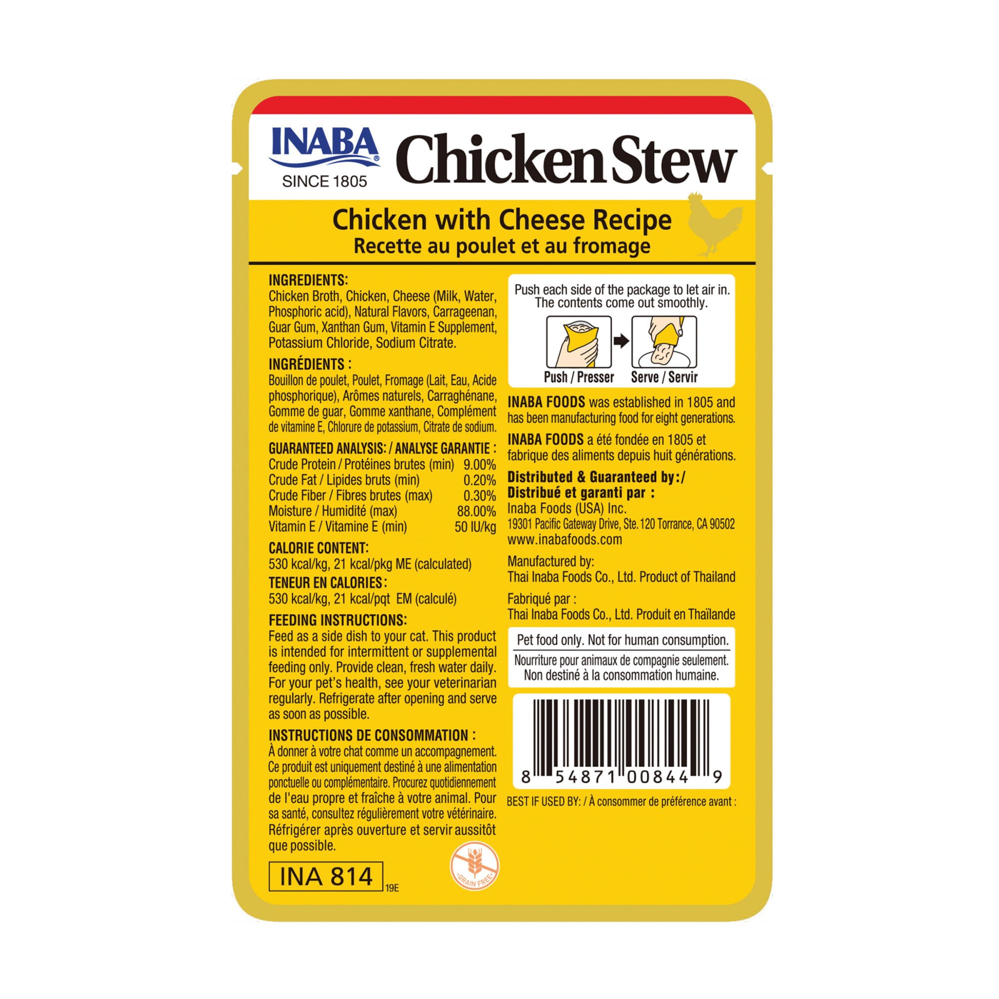 INABA comida para gatos, estofado de pollo con queso, lista para servir.