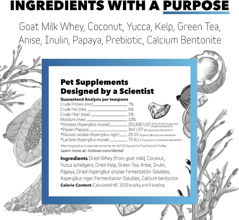 InClover Ingredientes naturales: algas y suero de leche de cabra para salud dental.