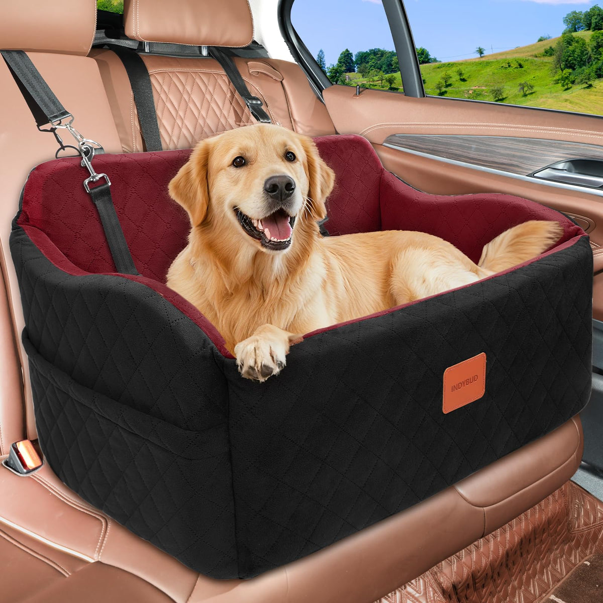 INDYBUD asiento para perros con espuma de memoria para mayor confort en viajes.