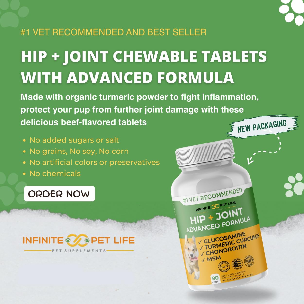 Infinite Pet Supplements, glucosamina y condroitina, favorecen la movilidad cotidiana en perros.