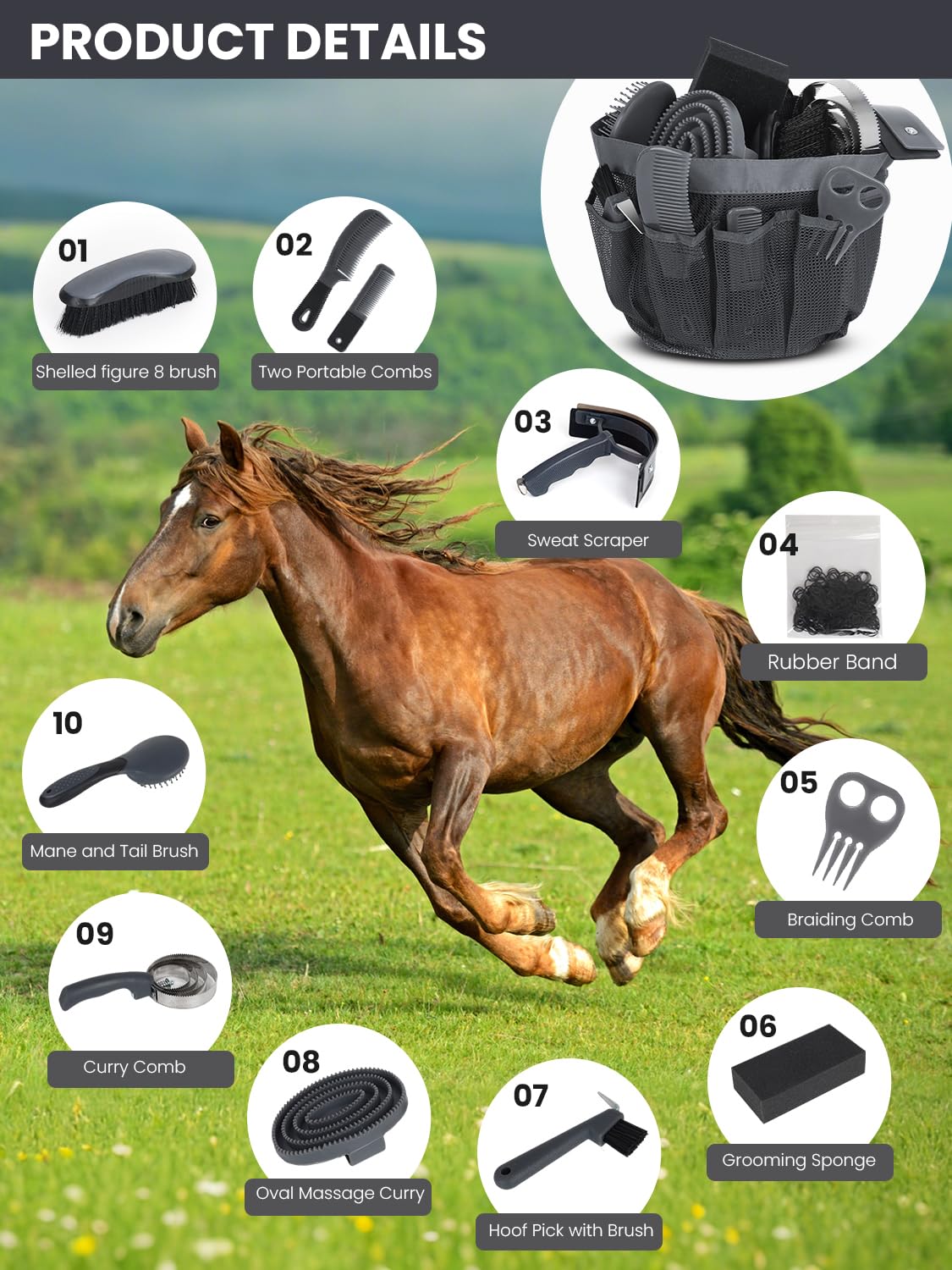 Inoreal cepillos para caballos, duraderos, con mango ergonómico para agarre cómodo.