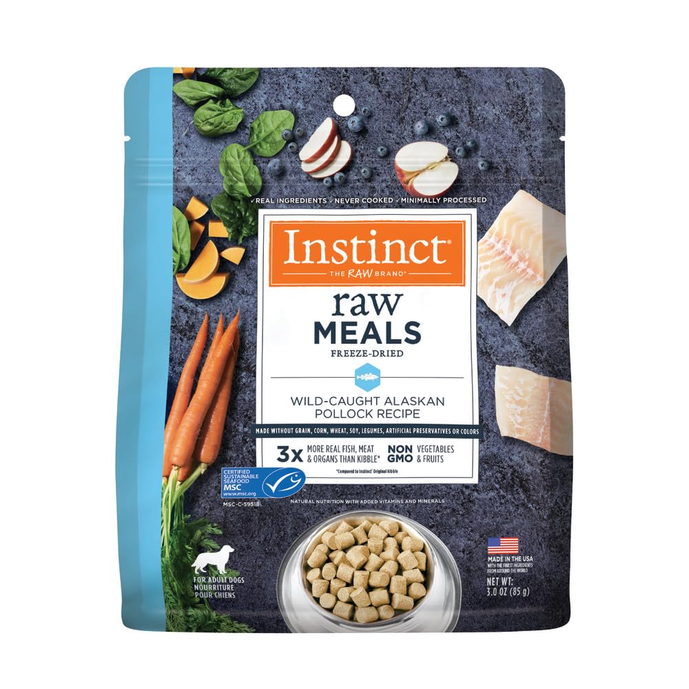 Instinct: bolsa de pollock 3 oz con trozos de pescado de alta calidad para perros.
