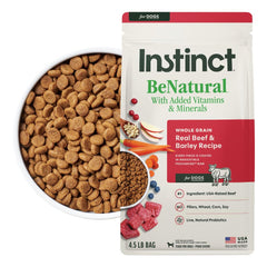 Instinct BeNatural, bolsa de 2 kg, muestra tamaño práctico para perros.