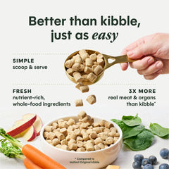 Instinct FreshDried Bites con carne de res sin granos en primer plano, músculos potenciales.