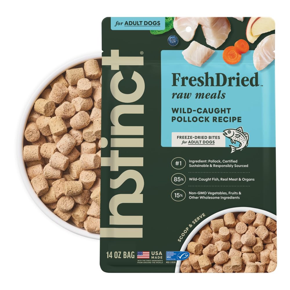 Instinct FreshDried Bites con pollock salvaje en bolsa de 14 oz, proteína de calidad.