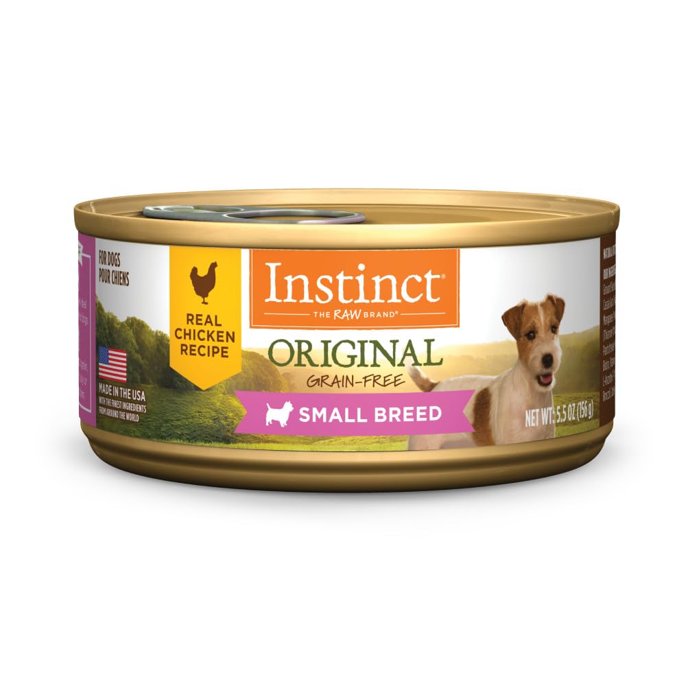 Instinct Original: lata de pollo real para perros pequeños, alta proteína para músculos.