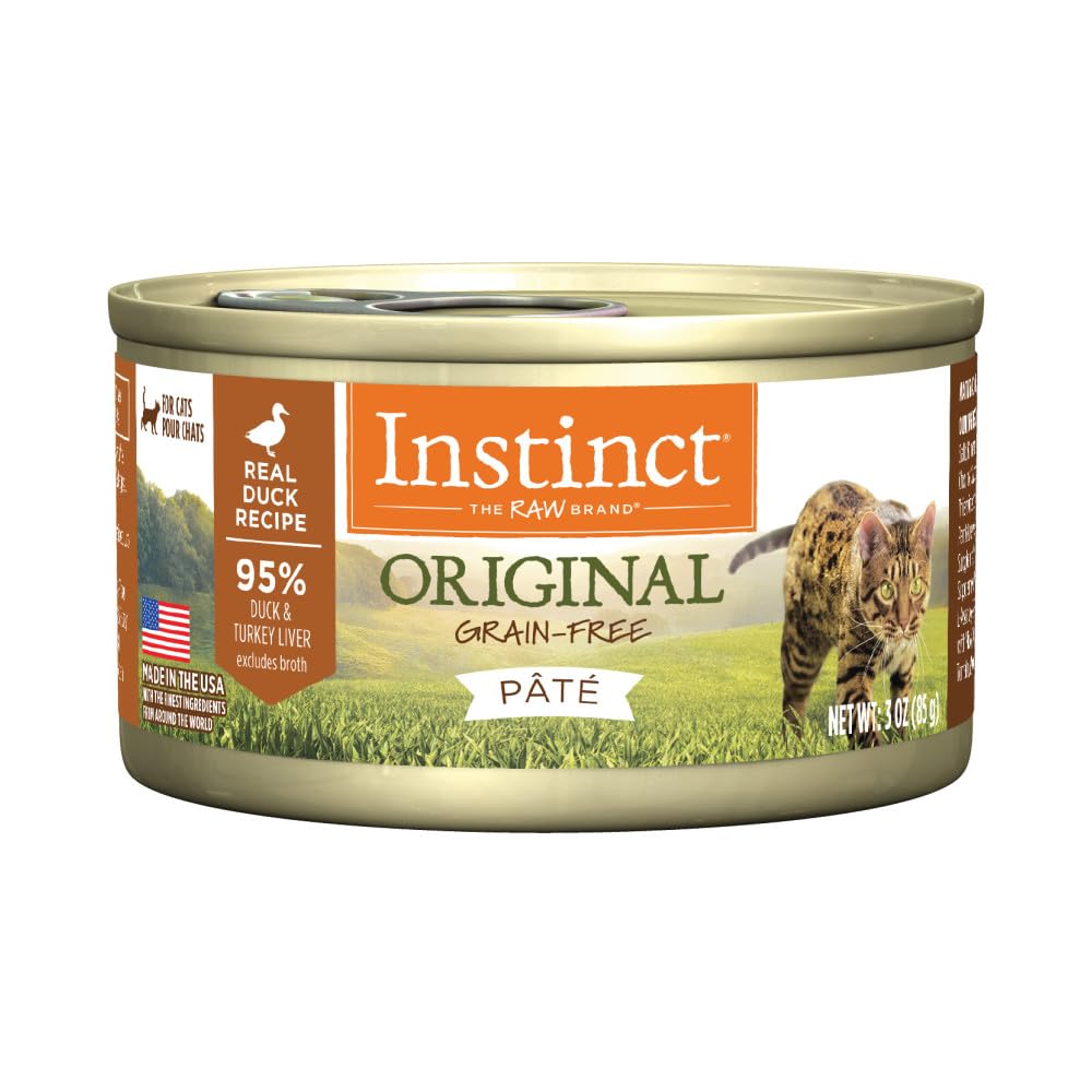 Instinct Paté para gatos, lata de pato, sabor delicioso para felinos exigentes.