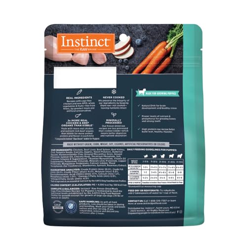 Instinct Puppy FreshDried Bites: etiqueta detalle, destaca proteína real y crecimiento