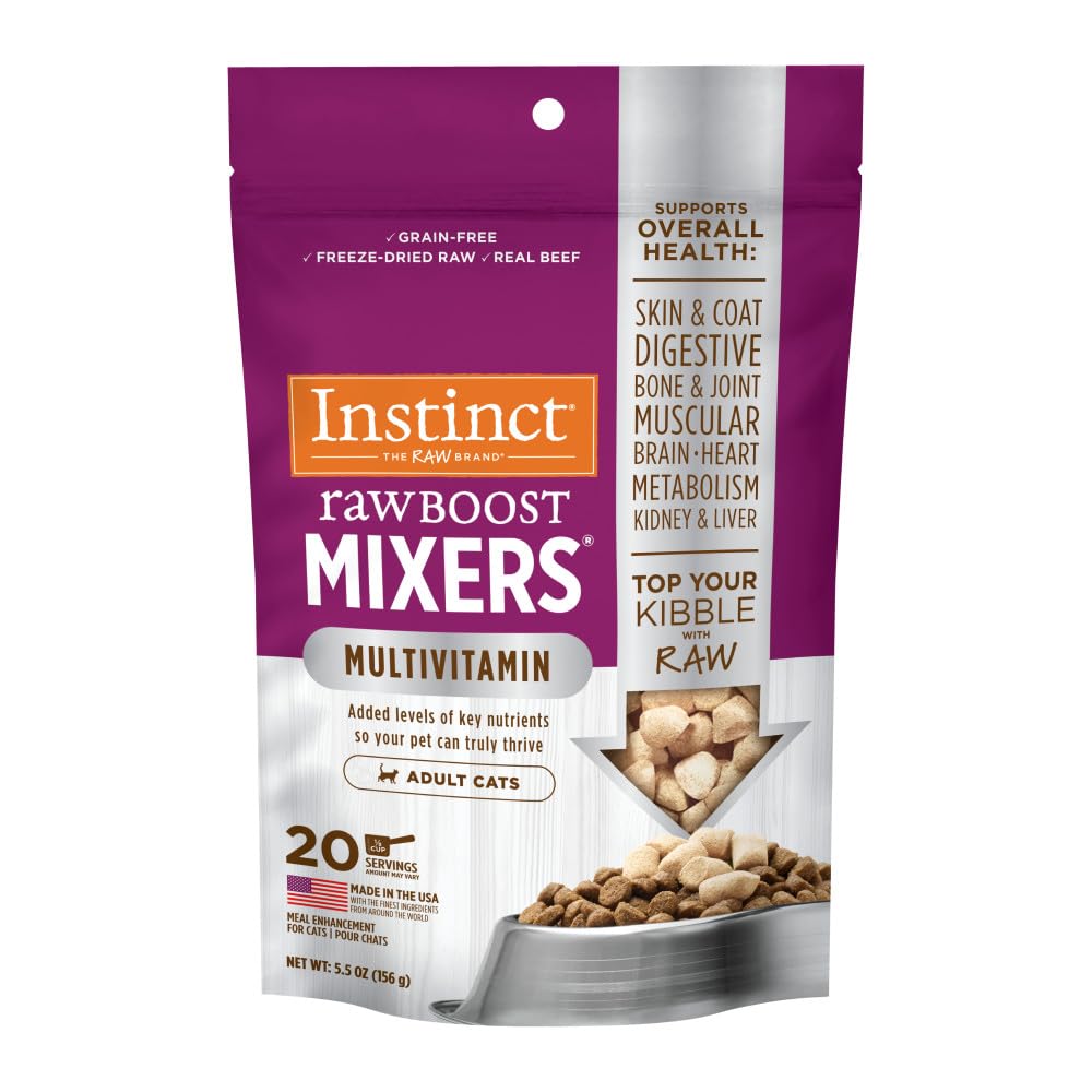 Instinct aderezos liofilizados para gatos en empaque 5,5 oz, fácil de usar.