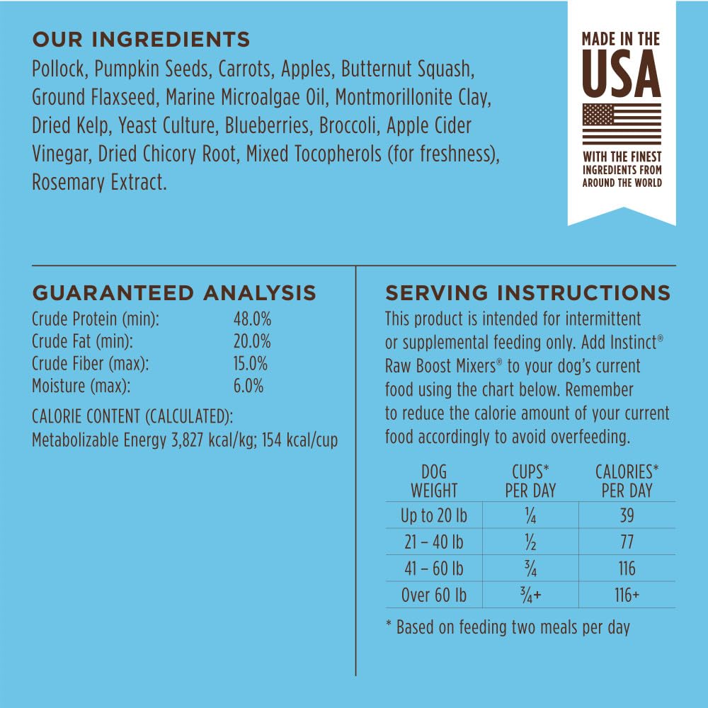 Instinct Raw Boost Mixers: apoyo potencial a la piel y pelaje gracias a nutrientes clave.