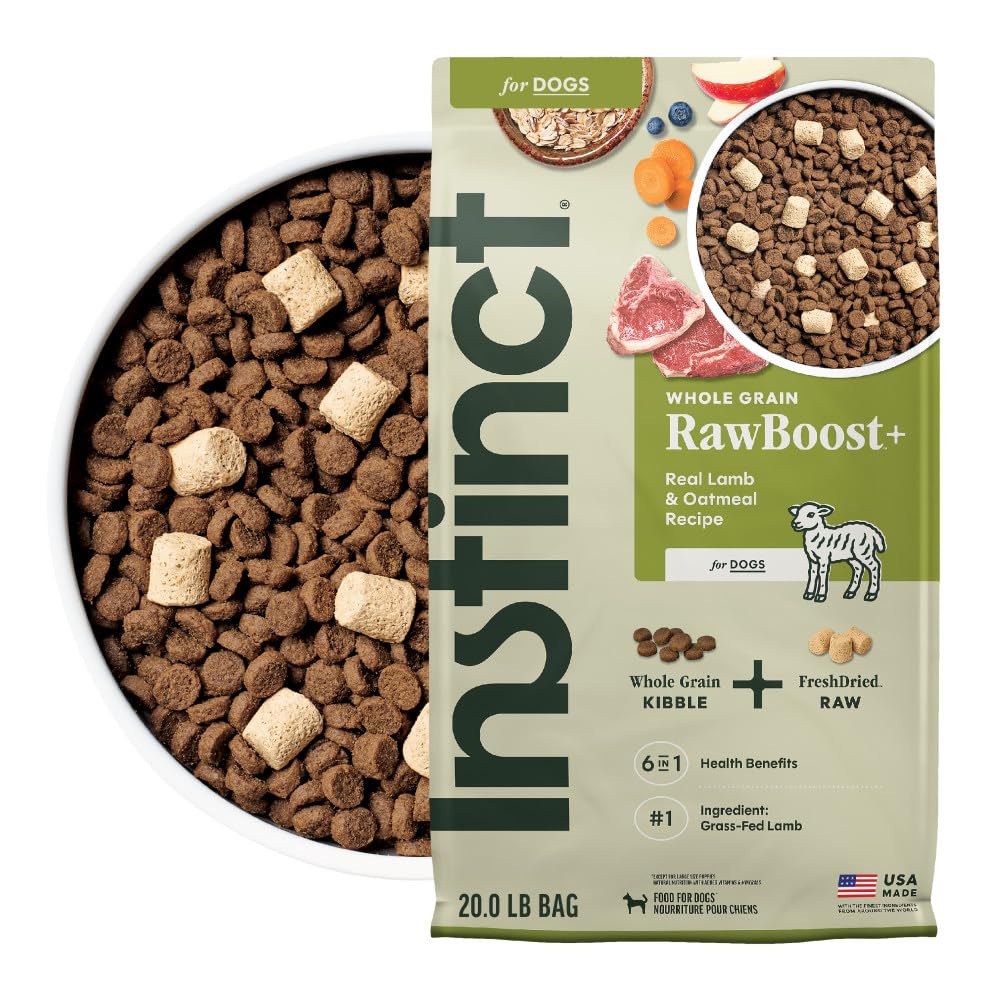 Instinct RawBoost, bolsa de 20 libras con cordero, proteína de alta calidad para perros activos.