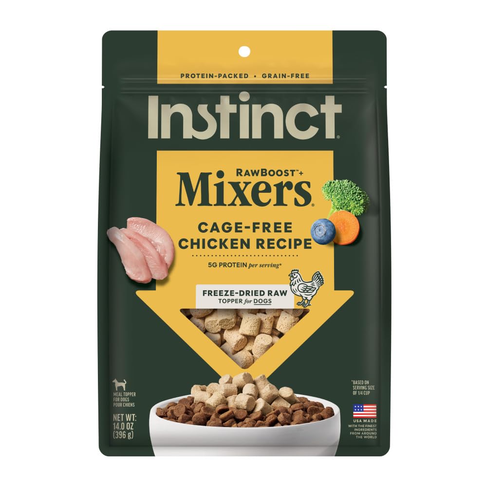 Instinct RawBoost Mixers frente al envase de 14 onzas, muestra la bolsa para perros.