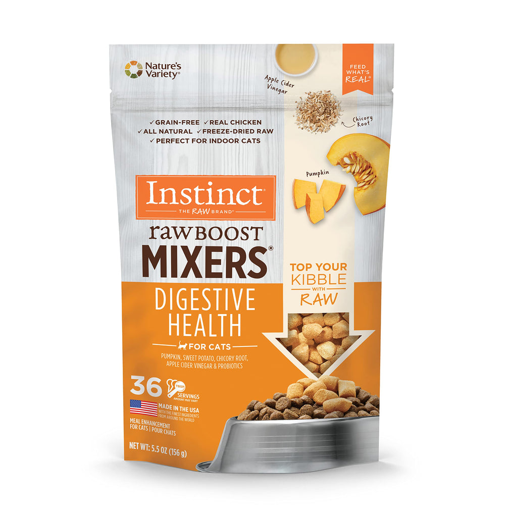 Instinct Refuerzo Crudo: mezcla deshidratada de pollo real para gatos, sabor y nutrición.