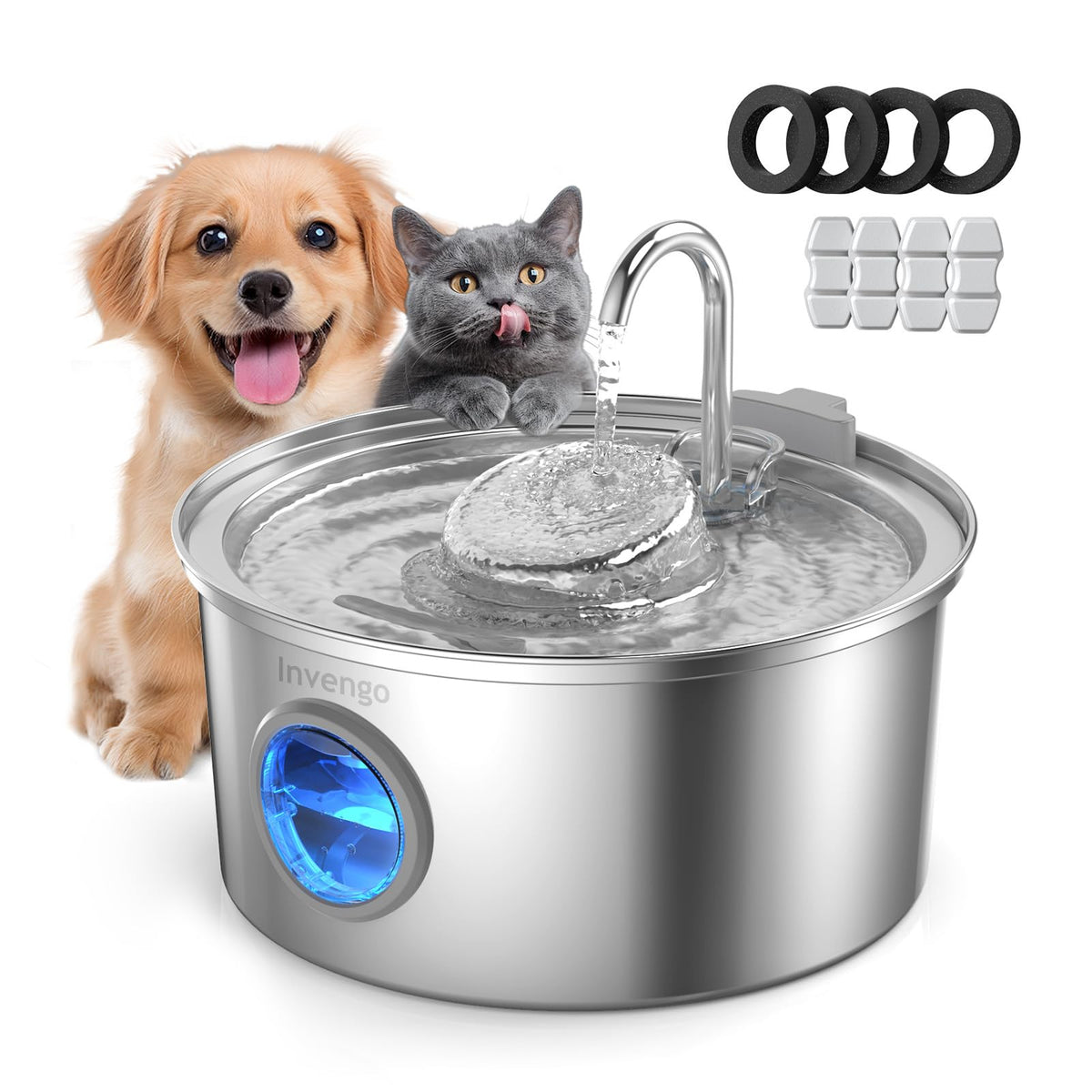 Invengo bebederos para gatos, acero inoxidable, 3,2L, ideal para múltiples mascotas.