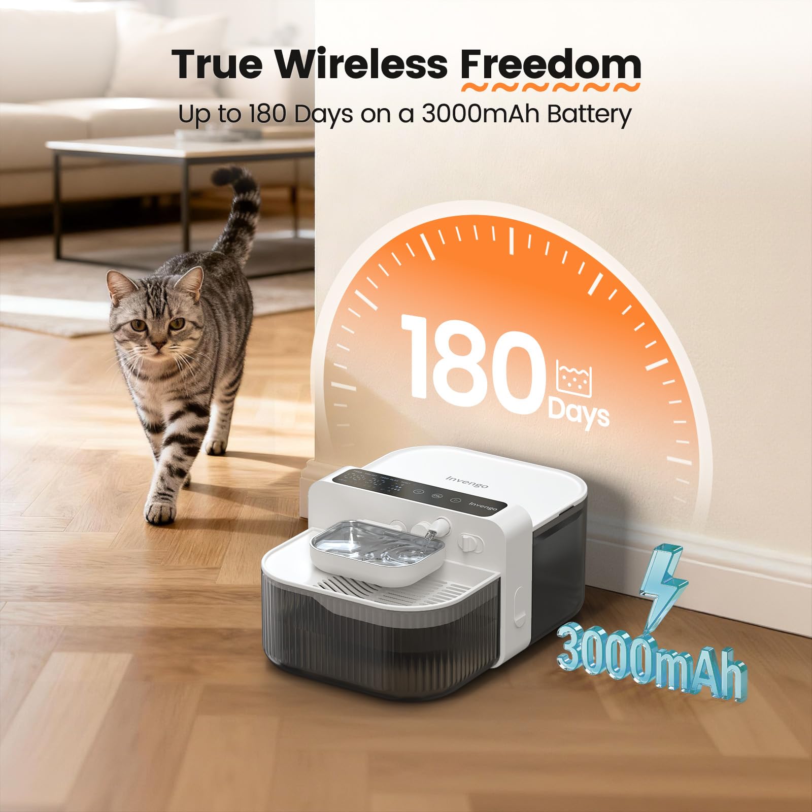 Invengo bebedero para gatos con batería de 180 días y uso sin cables.