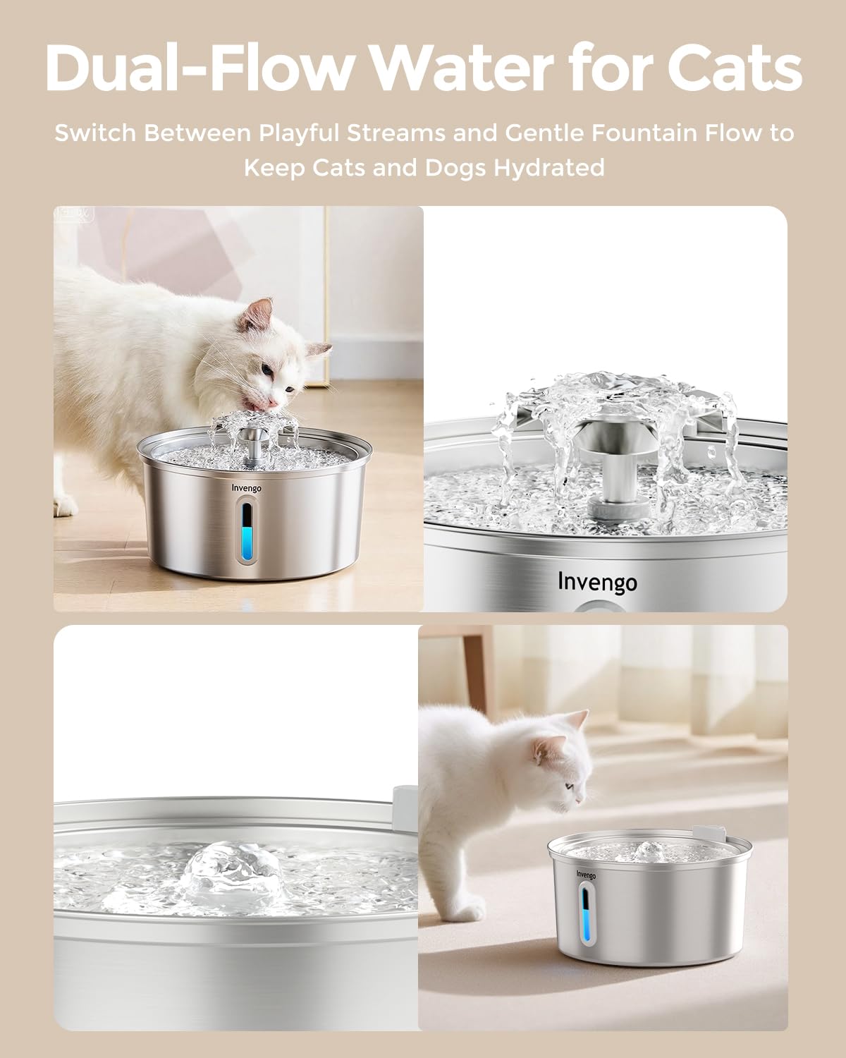 Invengo bebedero gatos flujo dual, facilita que las mascotas beban con facilidad.