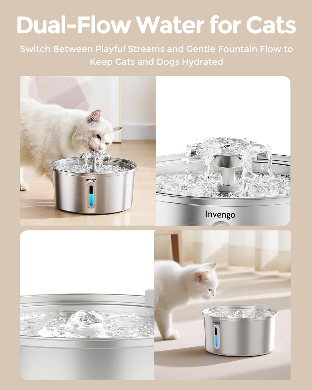 Invengo bebedero gatos flujo dual, facilita que las mascotas beban con facilidad.