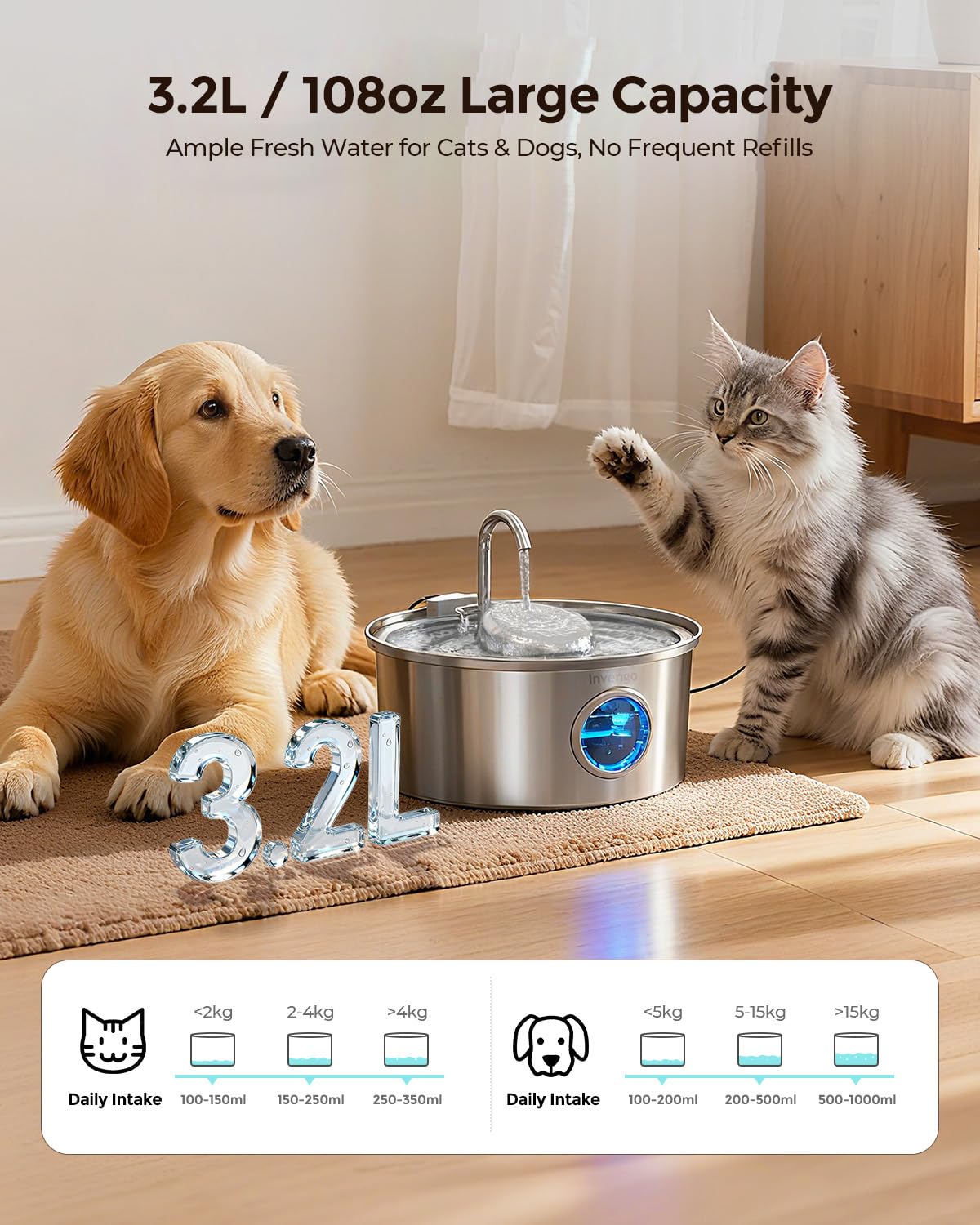 Invengo bebederos para gatos, dos modos de flujo, fomenta la hidratación con agua en movimiento.