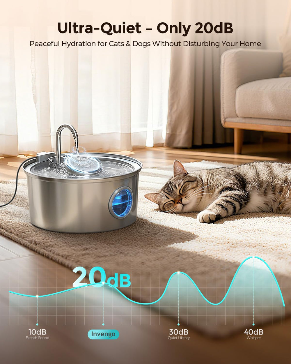 Invengo bebedero, funcionamiento silencioso de 20 dB para un rincón tranquilo.