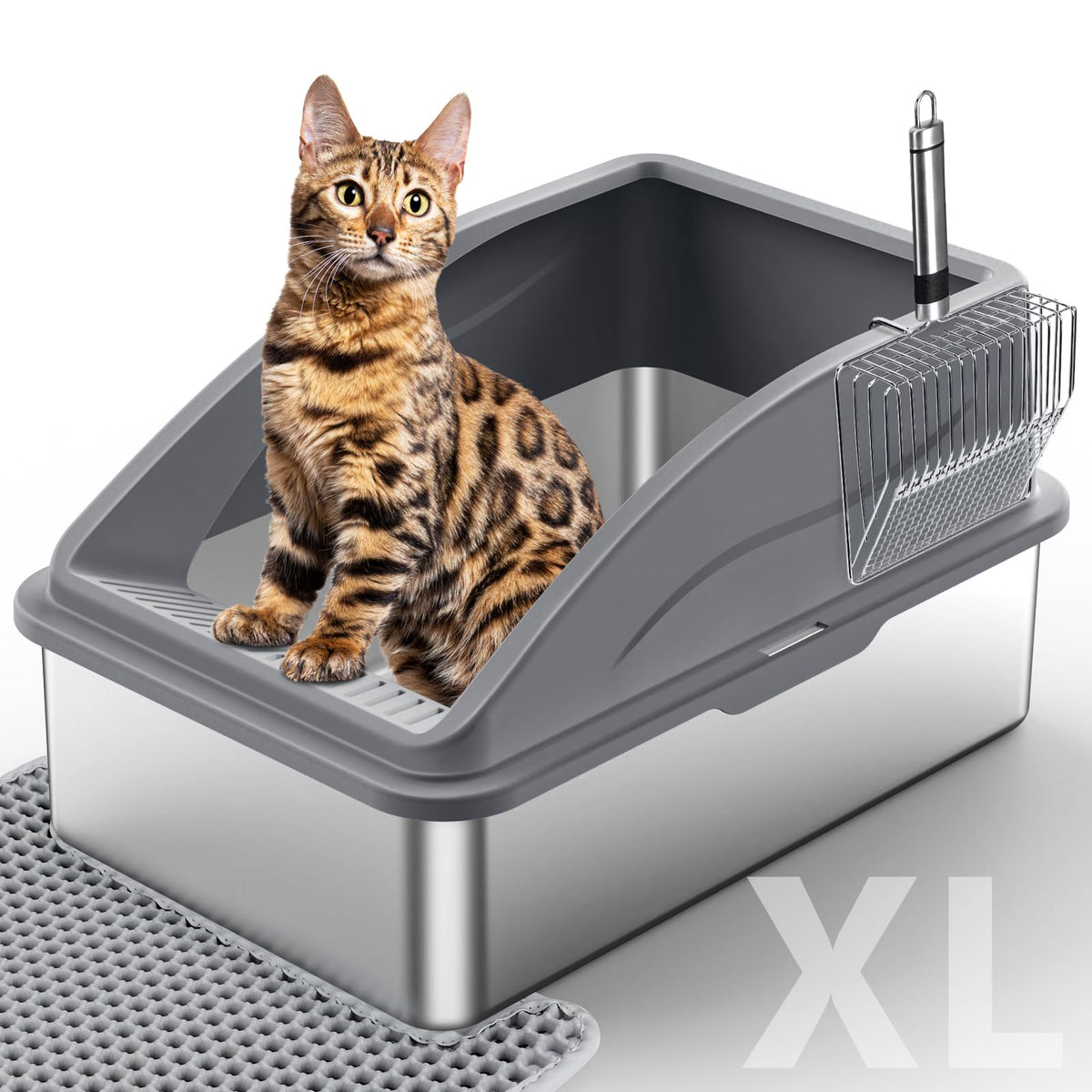 Bandeja INVENHO para gatos con tapa abierta, acero inoxidable, higiene y facilidad de limpieza