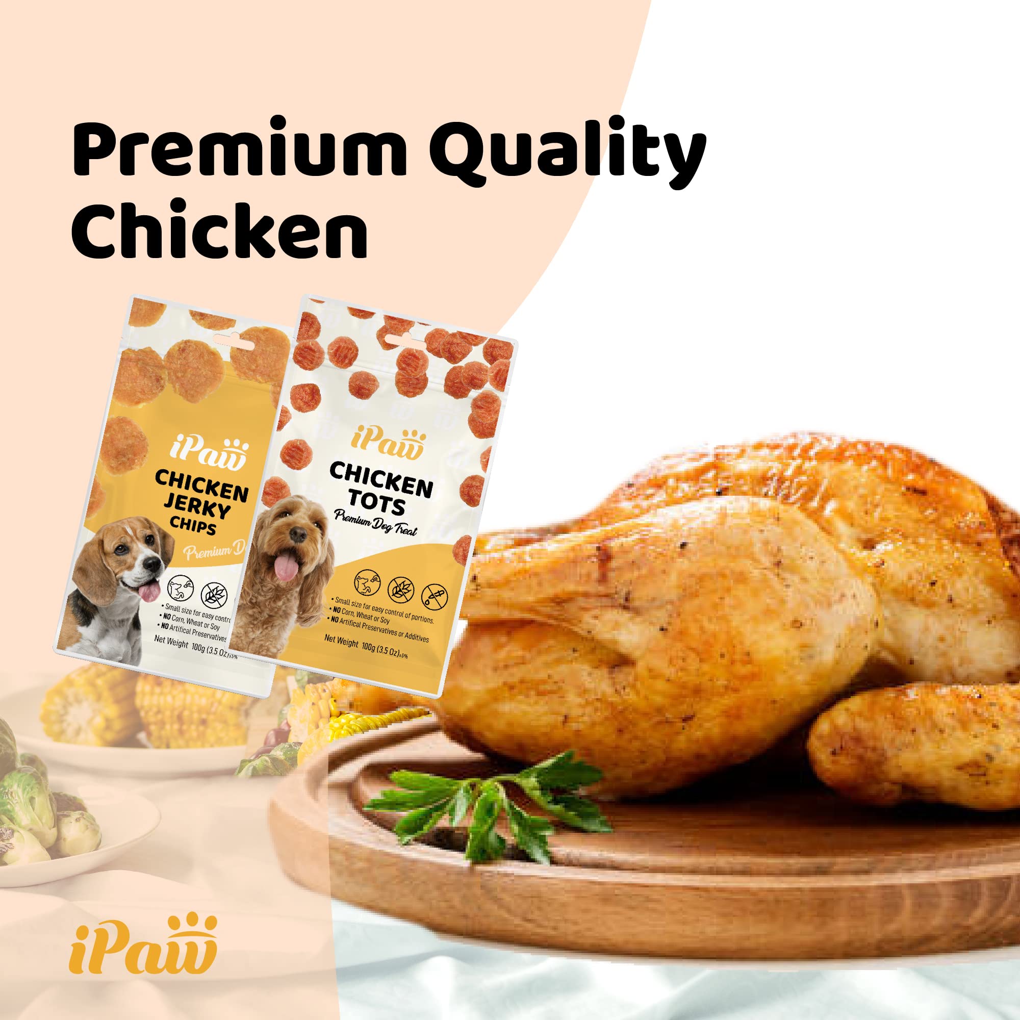Textura firme y masticable de iPaw Chicken Tots para sesiones largas.