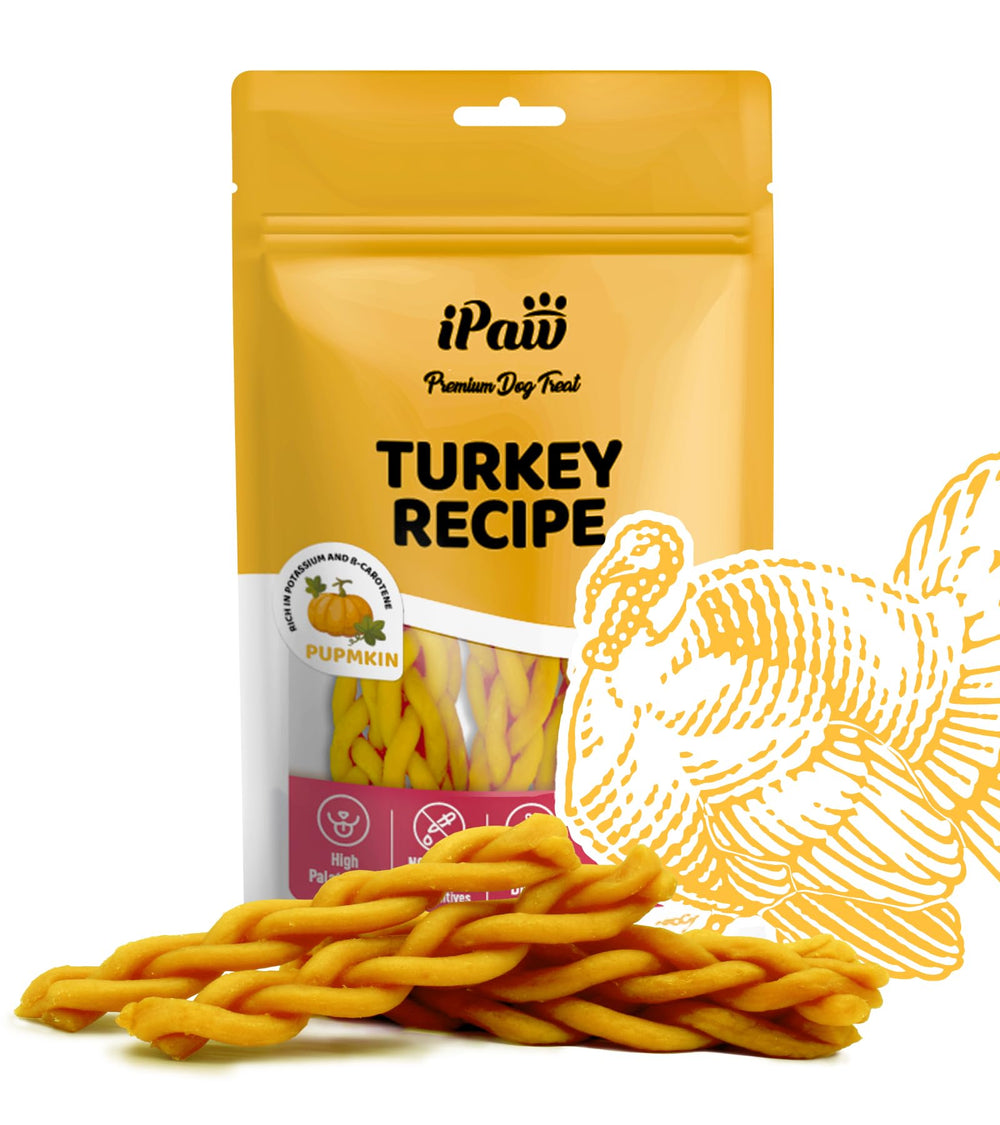 iPaw Premios de pavo en trenza de calabaza para entrenamiento.
