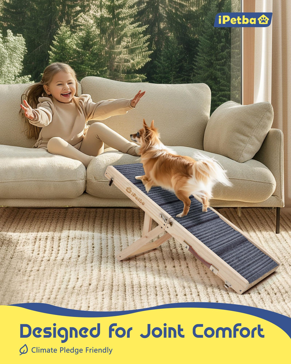 iPetba rampa para perro en cama; uso interior y apoyo seguro al subir.