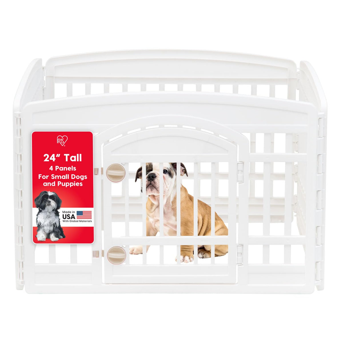 IRIS USA Dog Playpen con puerta integrada para acceso seguro.