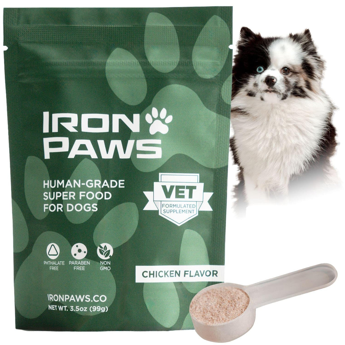 Iron Paws: bote de polvo verde para perros, apoyo nutricional diario.