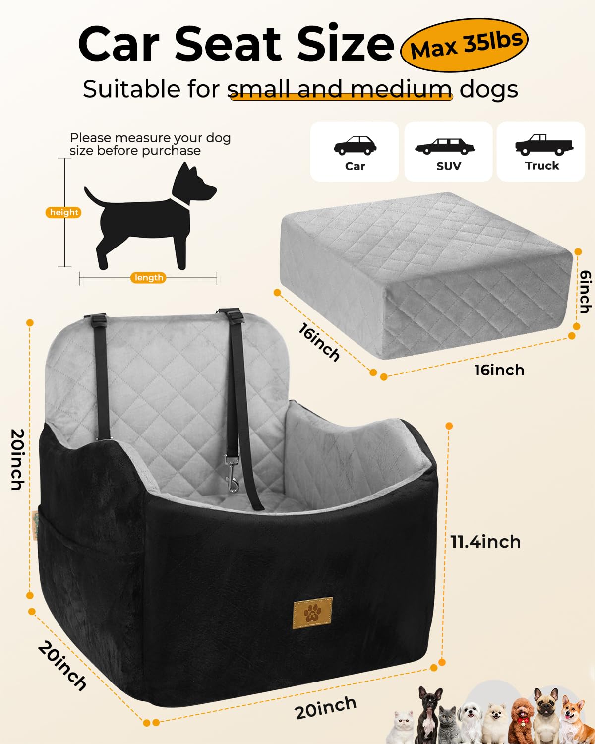 Ishineon asiento de coche para perro pequeño con correa ajustable para mayor seguridad
