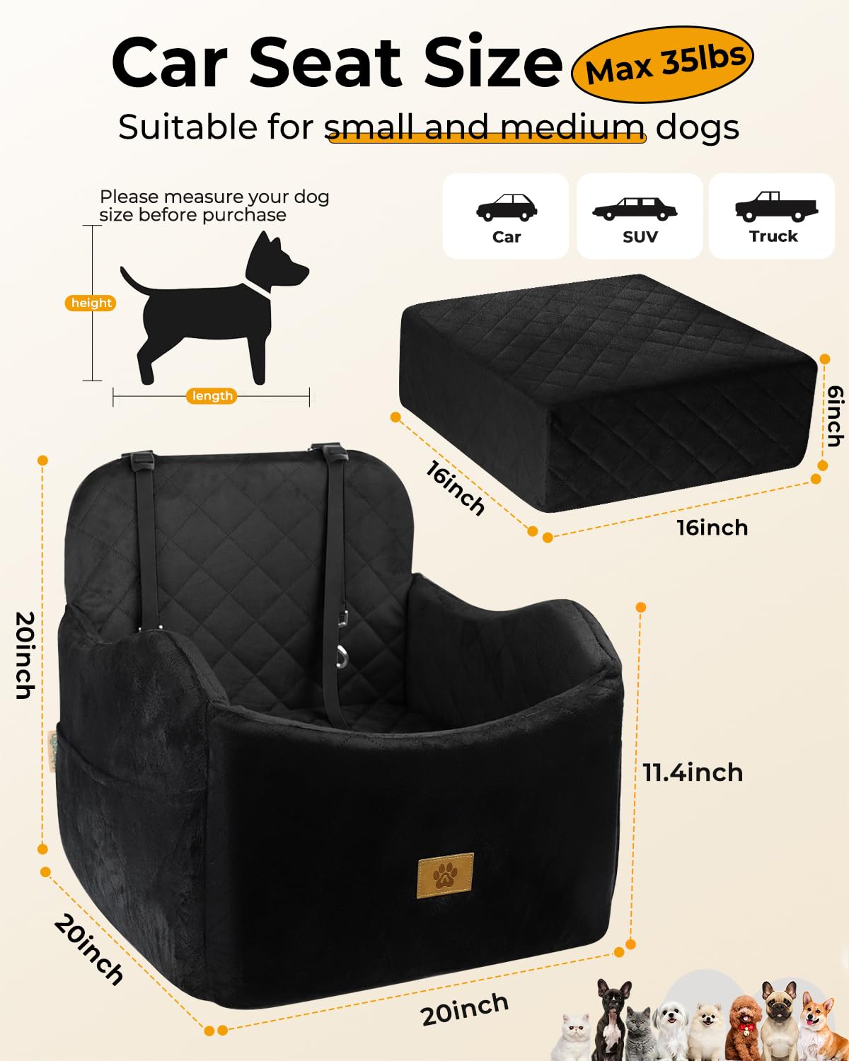 Ishineon asiento para perro en coche con espuma 30D de alta densidad para soporte.