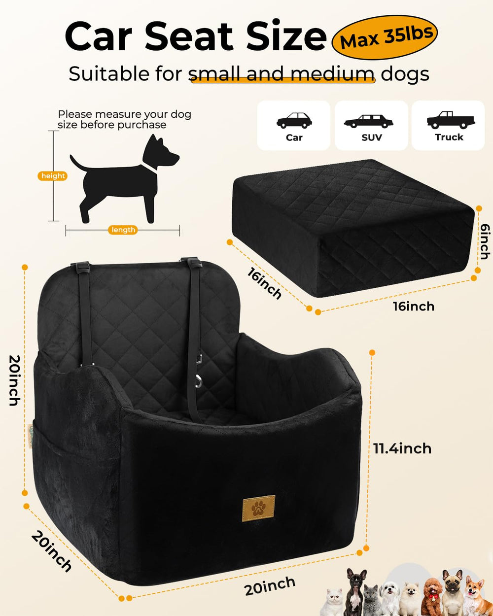Ishineon asiento para perro en coche con espuma 30D de alta densidad para soporte.