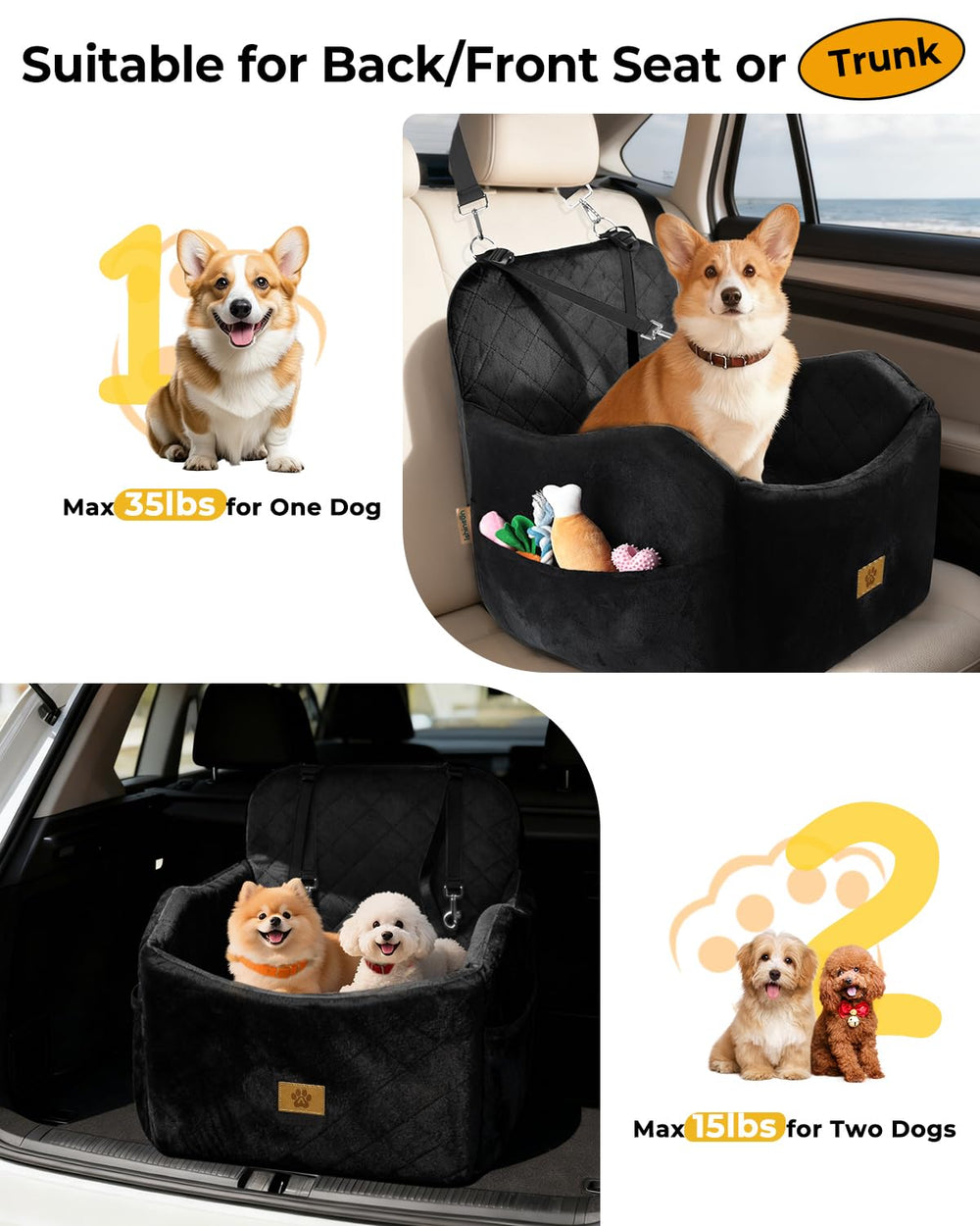 Ishineon asiento para perro en coche para dos perros, ideal para dúo de mascotas.