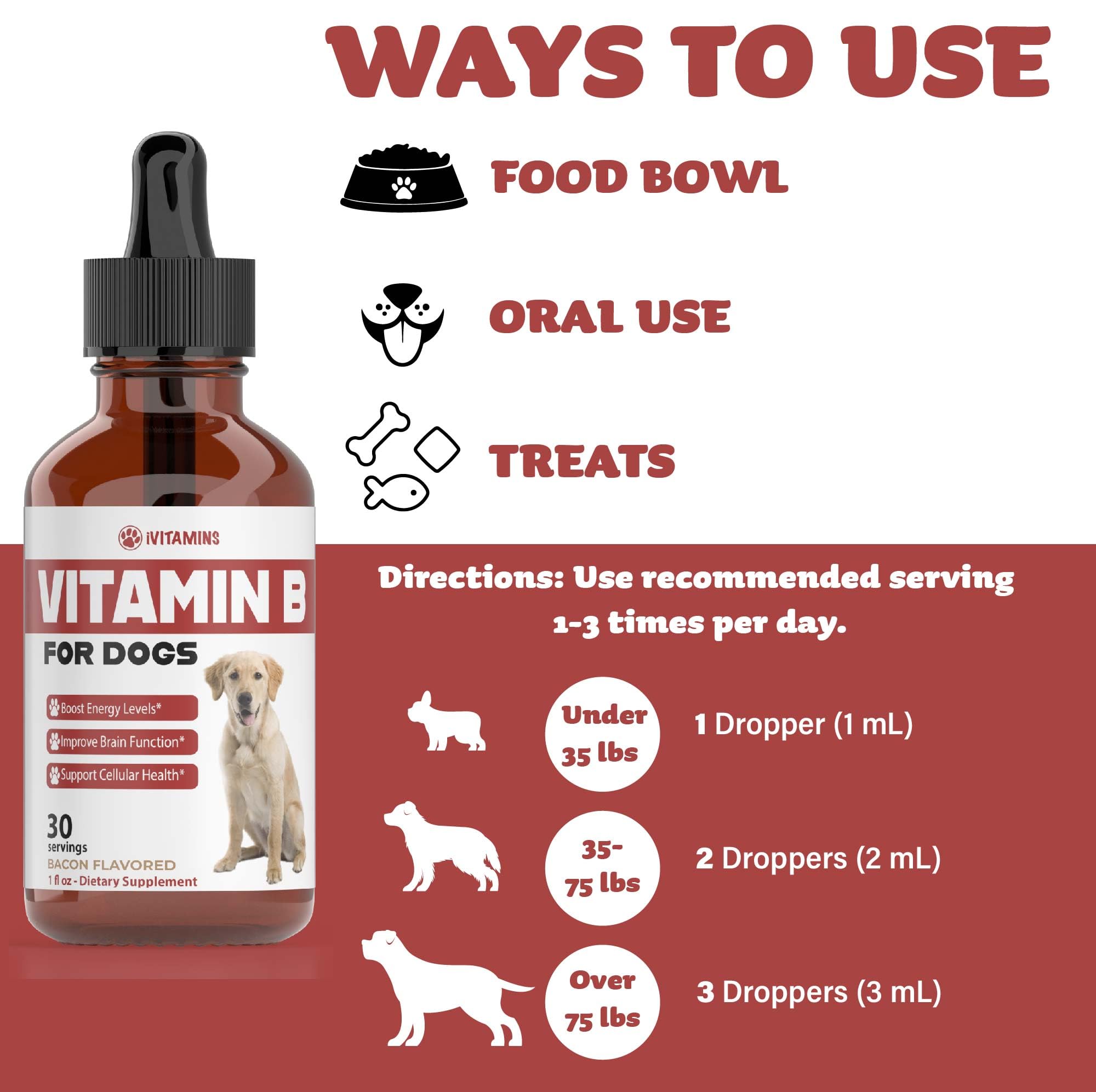 Perro recibiendo gotas de vitamina B sabor tocino durante la rutina.
