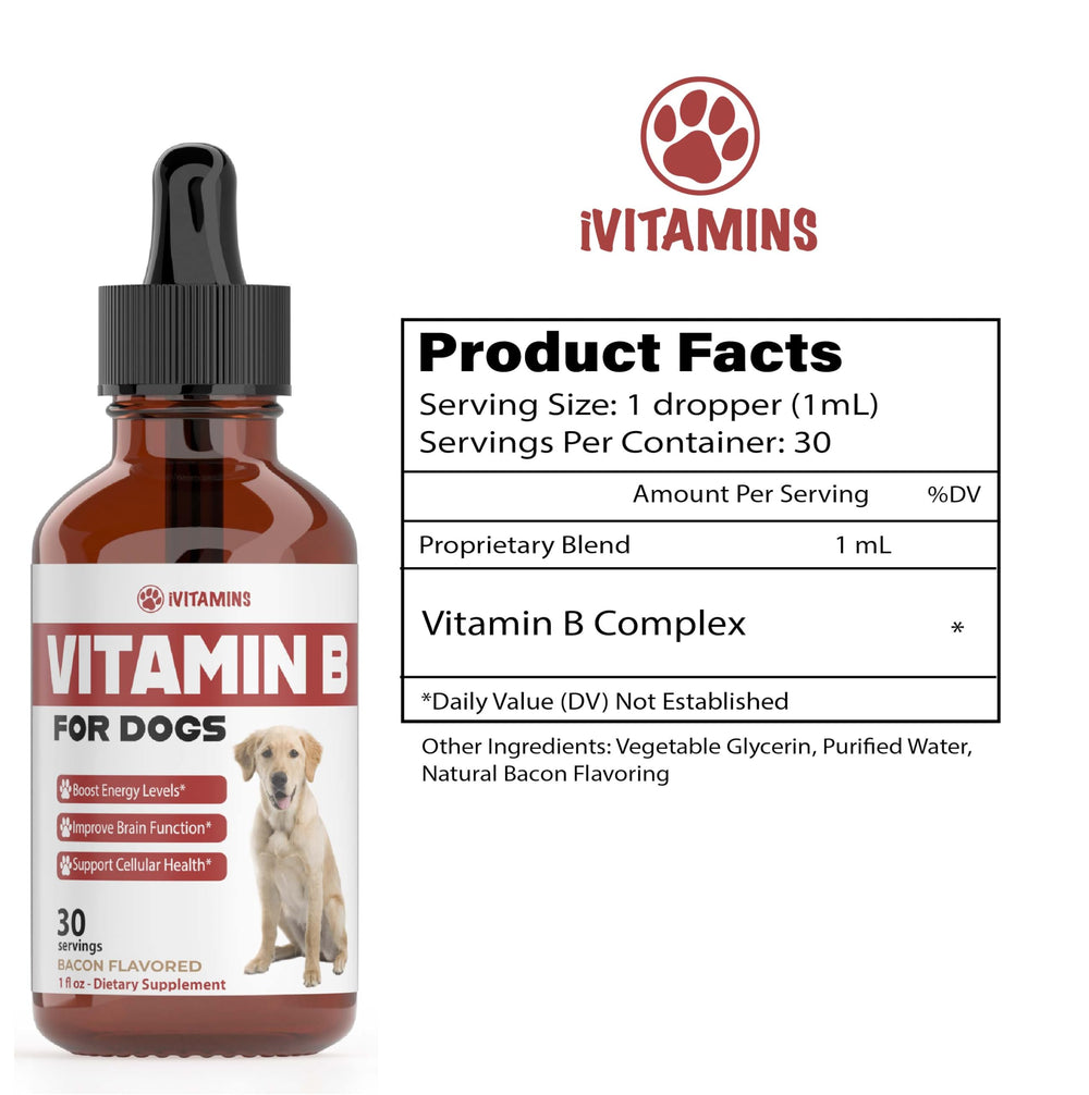 Gotas de Vitamina B para perros, sabor tocino, apoyo rápido.