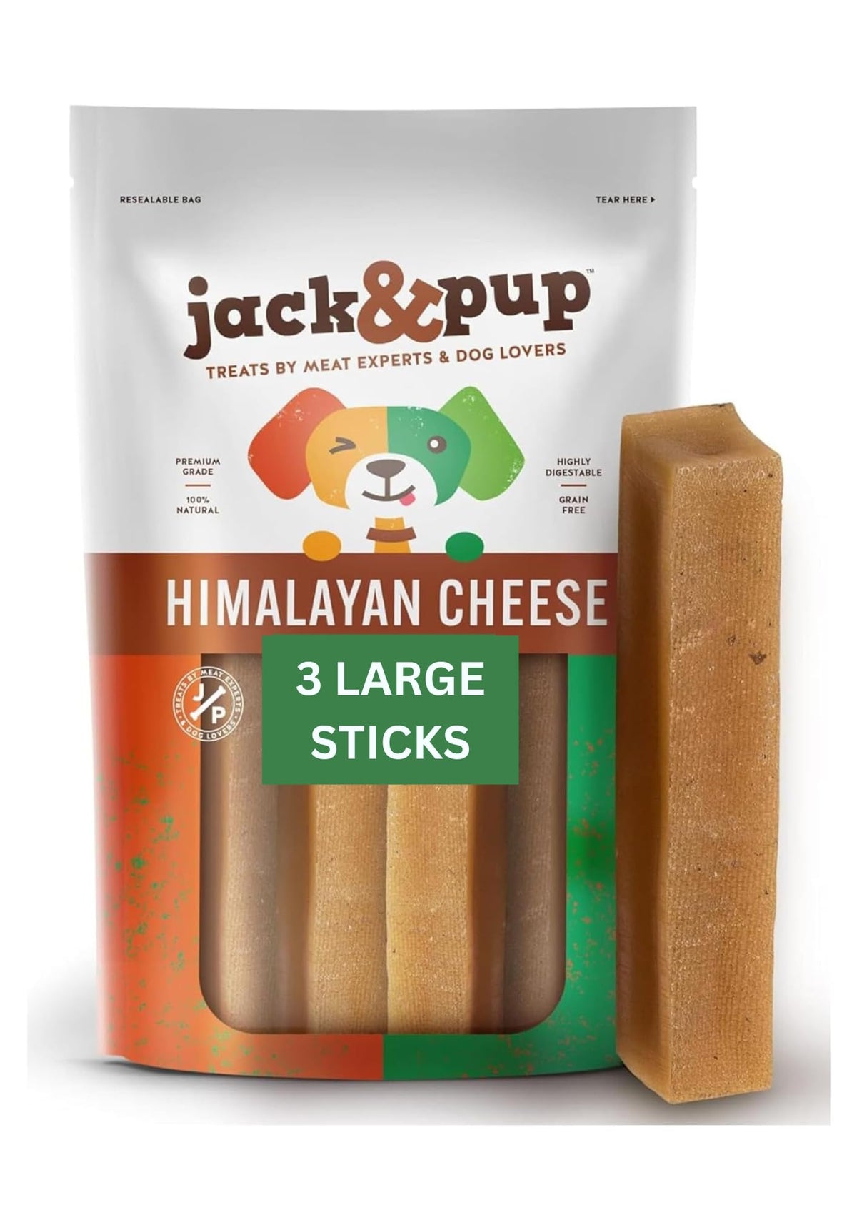 Jack&Pup barra queso yak Himalaya para perros grandes; entretenimiento duradero al masticar