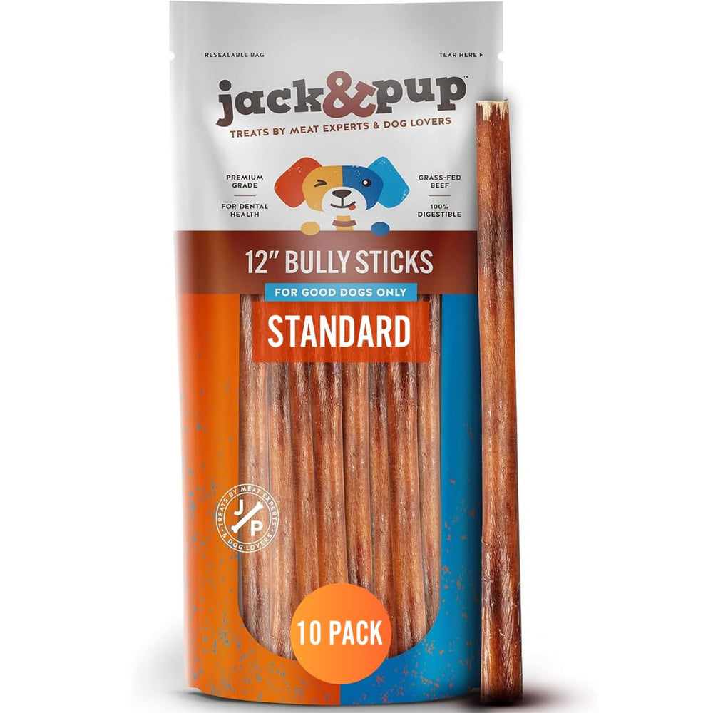 Jack&Pup Bully Stick 12 pulgadas, masticación prolongada para perros medianos y grandes.