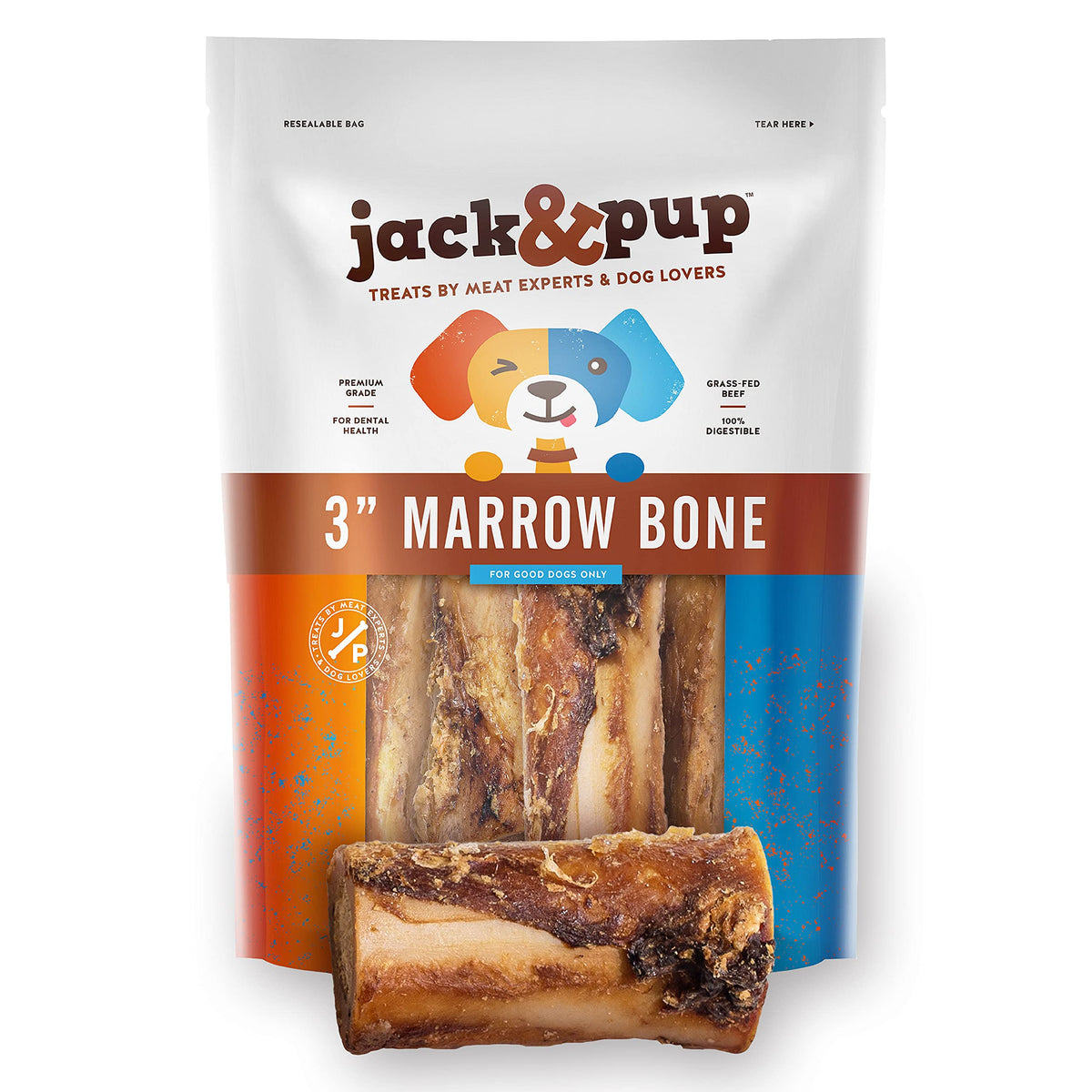 Jack&Pup Hueso medula res 3pulgadas para perros, sabor intenso y duradero.