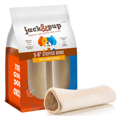 Jack&Pup hueso relleno para perro grande con sabor tocino y queso, ideal para masticación prolongada.