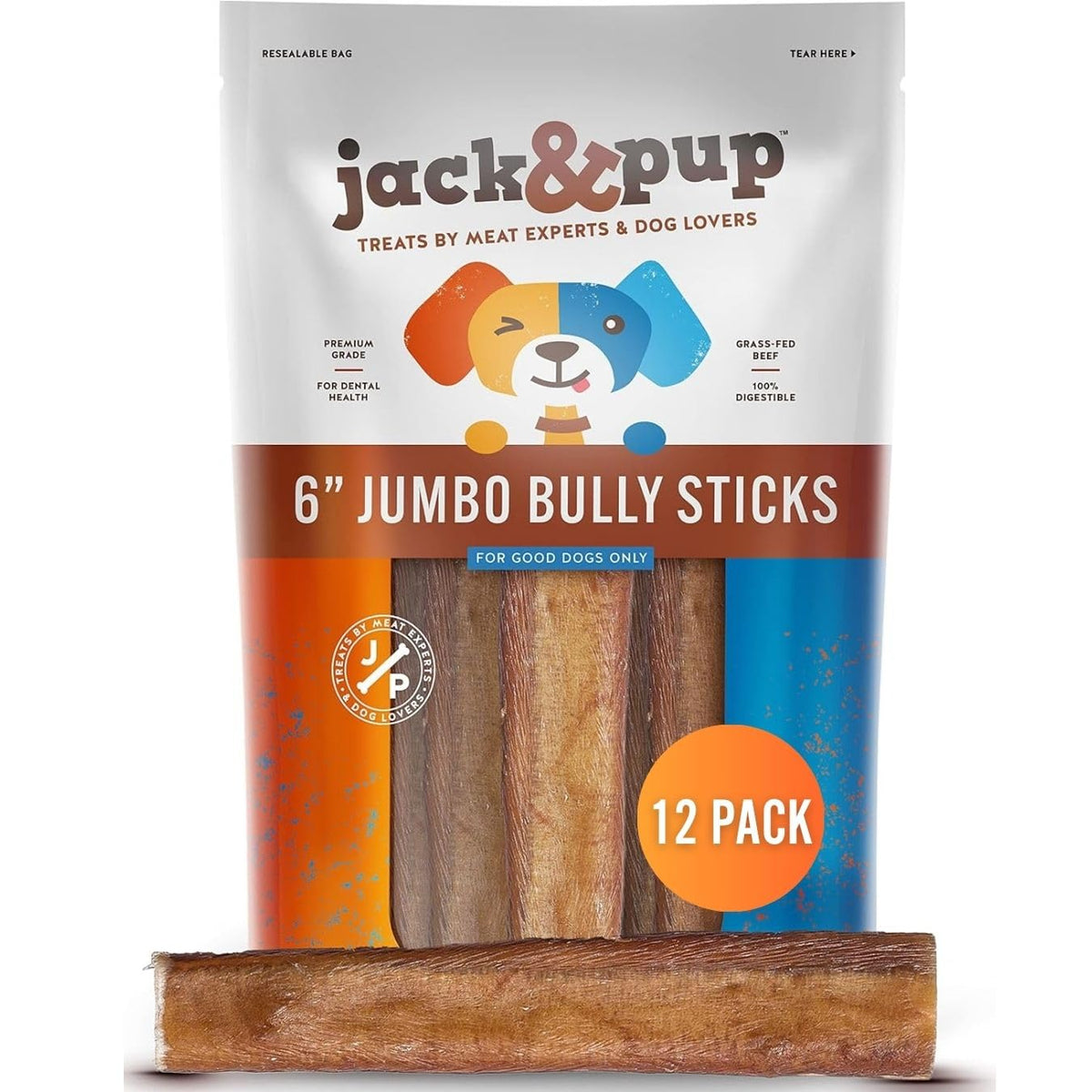 Jack&Pup Hueso Bully Jumbo de 6 pulgadas, sabor natural y olor reducido, para perros grandes.