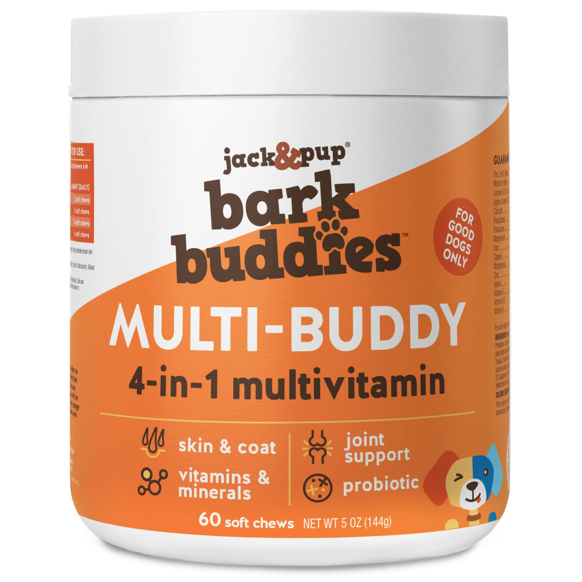 Jack&Pup Multi-Buddy tabletas masticables para perros activos, apoyo nutricional diario.