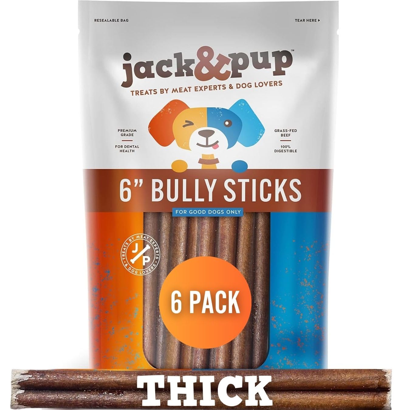 Jack&Pup palitos bully premium gruesos 6 pulgadas para masticación prolongada y sabor intenso