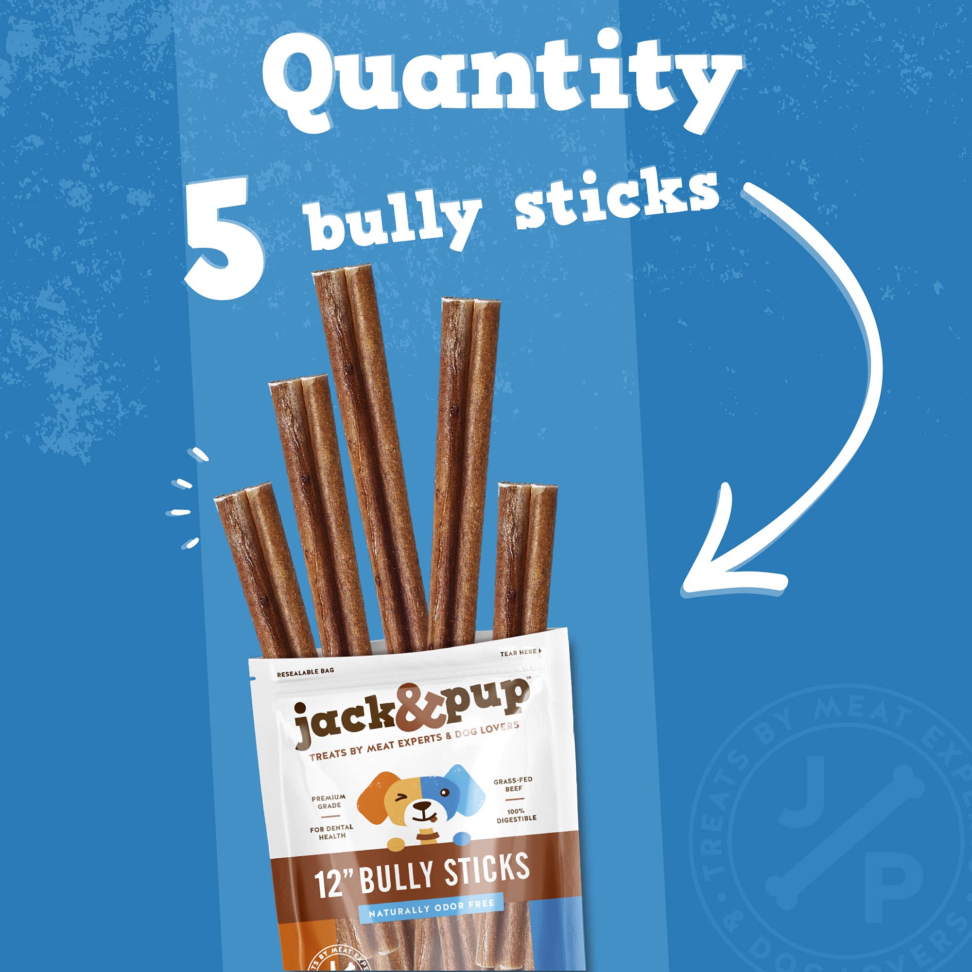 Palitos bully de Jack&Pup con alta proteína bovina para perros grandes.