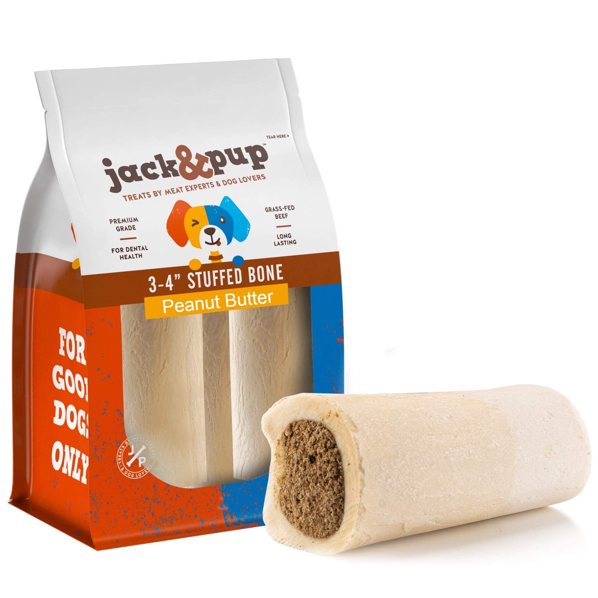 Jack&Pup paquete de 4 huesos rellenos para perros, ideal para entretenimiento prolongado.