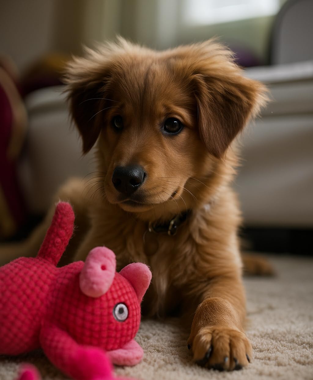 Jalousie peluche con chirrido de textura suave, ideal para masticar con cuidado.