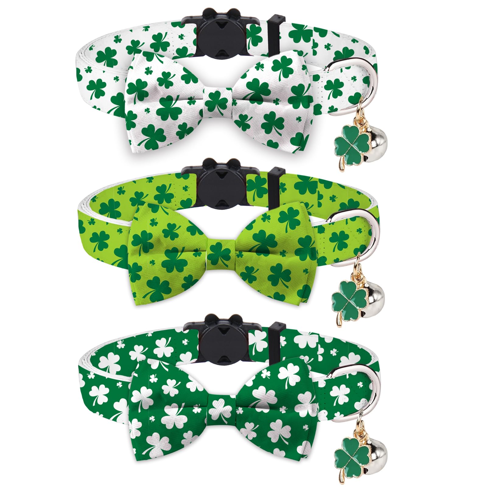 Collar JarThenaAMCS para gato con trébol verde, ideal para celebraciones.