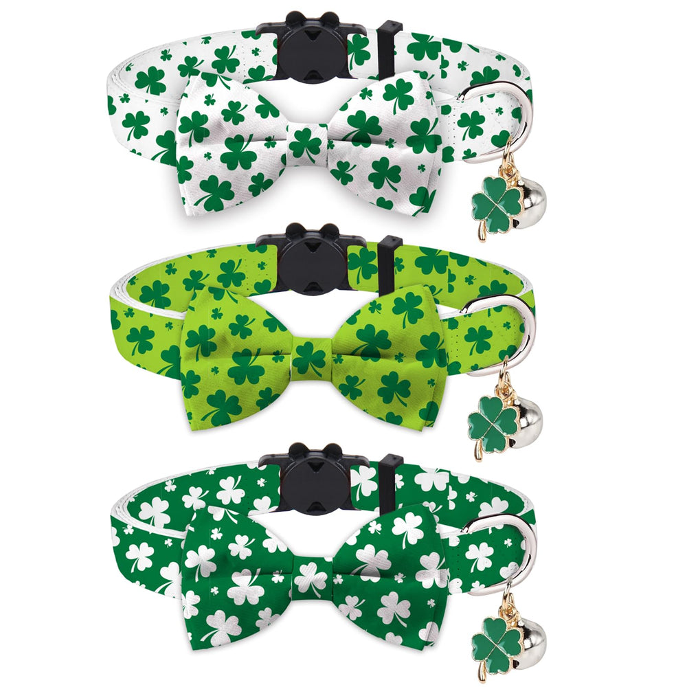 Collar JarThenaAMCS para gato con trébol verde, ideal para celebraciones.